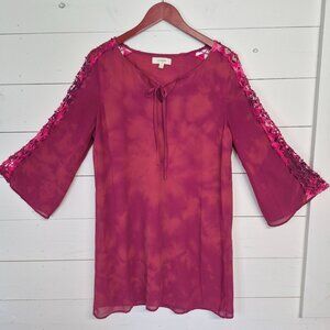 Umgee USA Womens Pink Tie-Dye Drrss W/ Crochet Sleeve Detail Bell Sleeves & Fron